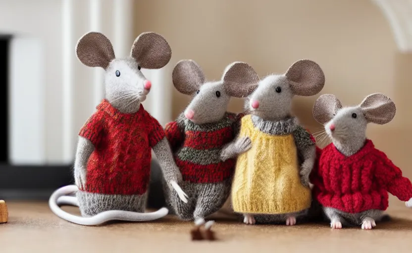 Prompt: a mouse family sitting in front of a fireplace wearing woolen sweater