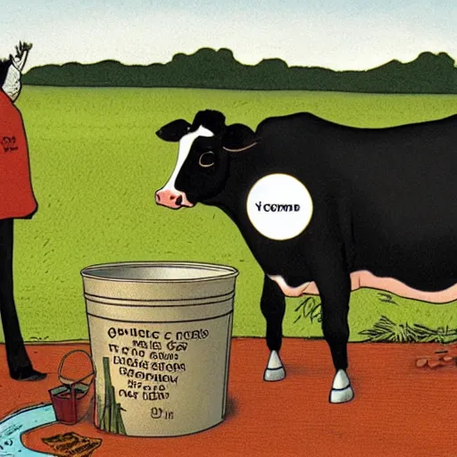 Image similar to a cow points at a bucket, illustrated by gary larson