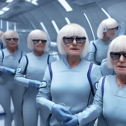 Image similar to troop of grannies with white bob hairdos, tight light blue neopren pilot suits, futuristic cloning facility, sci - fi, highly detailed, cinematic