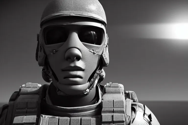 Image similar to still photo of a futuristic soldier looking at the camera in a battlefield, black and white color aesthetic, highly detailed, photorealistic portrait, bright studio setting, studio lighting, crisp quality and light reflections, unreal engine 5 quality render