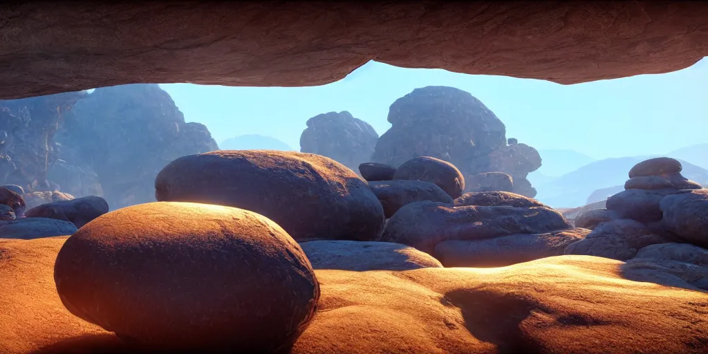 Prompt: epic landscape, rock shaped in the form of a doughnut with sunlight coming through, 8 k uhd, unreal engine, octane render in the artstyle of kuindzhi
