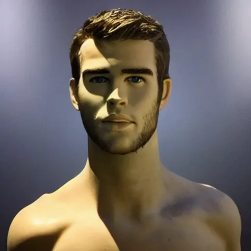 Image similar to “a realistic detailed photo of a guy who is an attractive humanoid who is half robot and half humanoid, who is a male android, actor Liam Hemsworth, shiny skin, posing like a statue, blank stare, at the museum, on display”