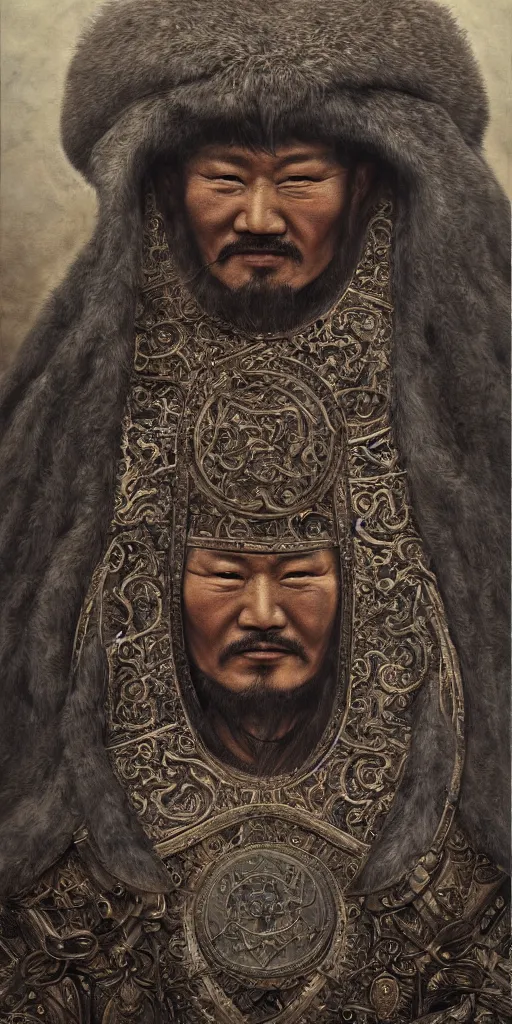 Image similar to a stunning and noble highly detailed portrait of genghis khan by h. r. giger, trending on artstation, oil painting masterpiece, symmetry, mysterious, very very very aesthetic