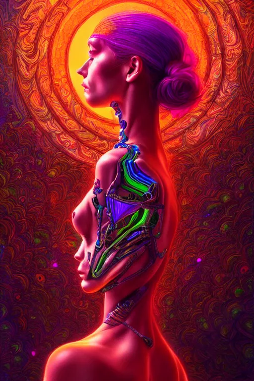 Image similar to extremely beautiful psychedelic cyborg queen of lsd. intricate, elegant, highly detailed lifelike photorealistic extremely lush digital painting. masterpiece. melancholic scene infected by night. perfect composition and lighting. sharp focus. artstation. sultry.