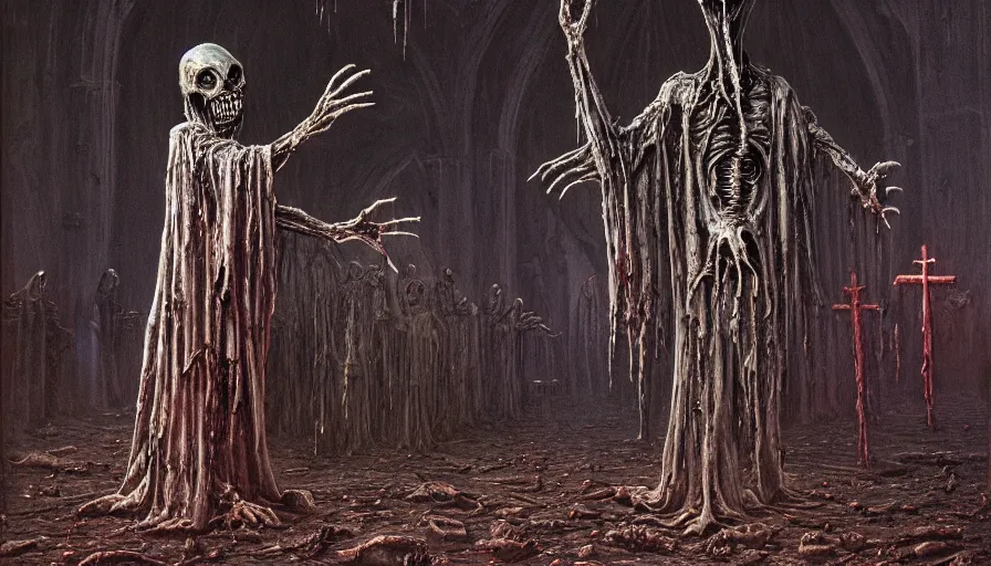 Prompt: a dark rotting alien priest conducts a ceremony, alien church, blood, crosses, religion, death, fear, horror, ultra realistic, hyperrealism, fine details, detailed and intricate environment, by barlowe, by wayne, by gigger, 4 k