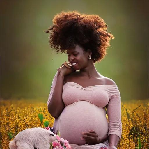 Image similar to pregnant east african woman with curly hair in a vast field of flowers with a tiny black puppy, laying down, looking into the distance, golden hour, vintage, impressionist painting, fine art, oil painting, dreamy, pastel, laughing, happy, intricate details, sharp, peaceful, serene