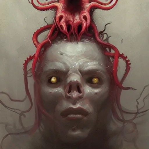 Image similar to painting by greg rutkowski of a flying human head and face that is chalk white in color, with tentacles coming of the neck, red eyes, flying in a terrying hell like cavernous place