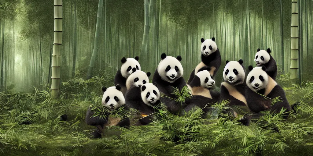 Prompt: a group of pandas doing research and scientific experiments on a spaceship crash site in a bamboo forest at daytime, matte painting, trending on artstation