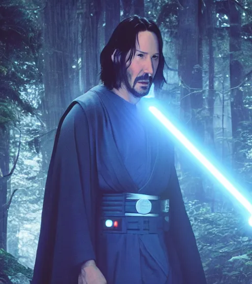 Image similar to keanu reeves as a jedi master with a blue lightsaber fighting a sith lord in an ancient bioluminescent forest, perfect symmetrical face, full moon, moody lighting, 8 k, shallow depth of field, intricate detail,