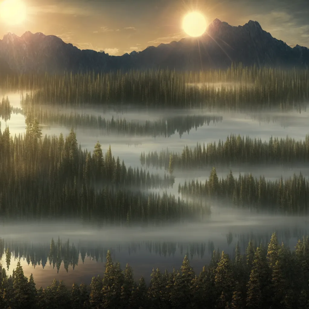 Image similar to epic taiga with a lake, golden hour, misty ground, rocky ground, distant mountains, atmospheric perspective, altostratus clouds, planets, cinematic, 3 5 mm lens, anamorphic lens flare, photographic, octane render, cinematography by roger deakins, in the style of ansel adams