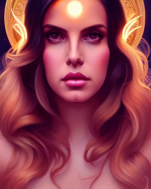 Image similar to symmetry portrait of lana del rey, glam, deco, glowing lights intricate, elegant, highly detailed, digital painting, artstation, concept art, smooth, sharp focus, illustration, art by artgerm and greg rutkowski and fra angelico and alphonse mucha