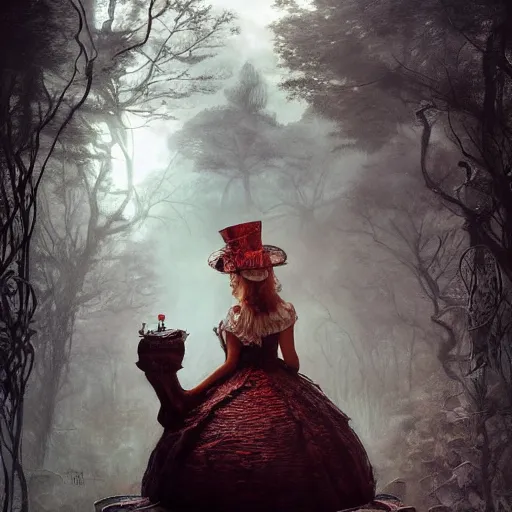 Image similar to Alice in Wonderland at the Dark Carnival, highly detailed, artstation, intricate, smooth, sharp focus, horror, illustration, art by greg rutkowski and orientalism and bouguereau and Zdzislaw Beksinski, good clear quality, lighting, biology, symmetrical artwork, perfect face, 135 mm, cinematic, hyper realism, high detail, octane render, 8k, chrome accents