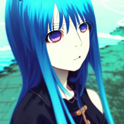 anime girl with blue hair and gold eyes