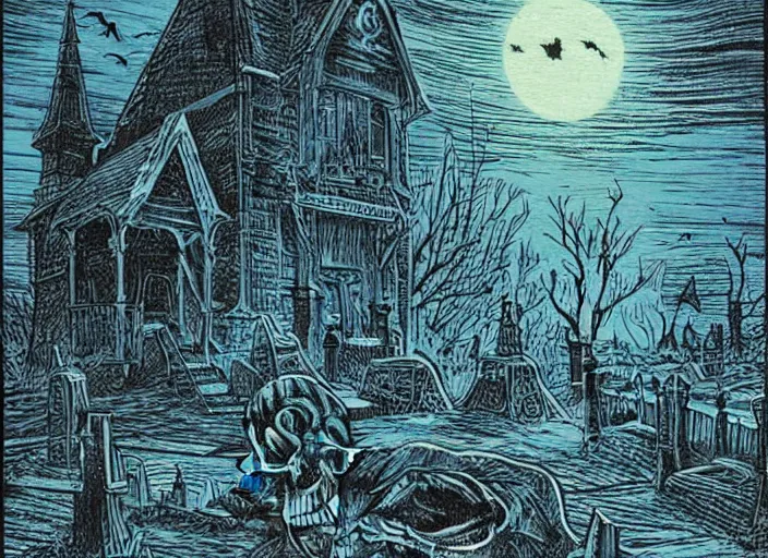 Image similar to blue woodcut print, cartoon halloween skull in graveyard at midnight by greg rutkowski, fine details, highly detailed