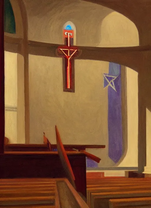 Prompt: giant fist in a church interior with pentacle painted by Edward Hopper and James Gilleard