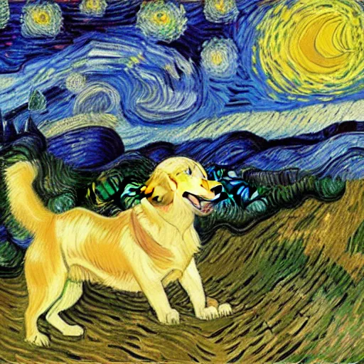 Image similar to painted golden retriever playing in vincent van gogh's starry night