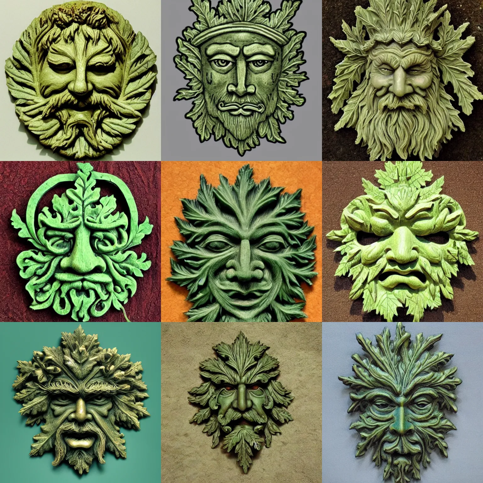 Prompt: a medieval green man face design, highly detailed, oak leaf beard, horizontally symmetrical,