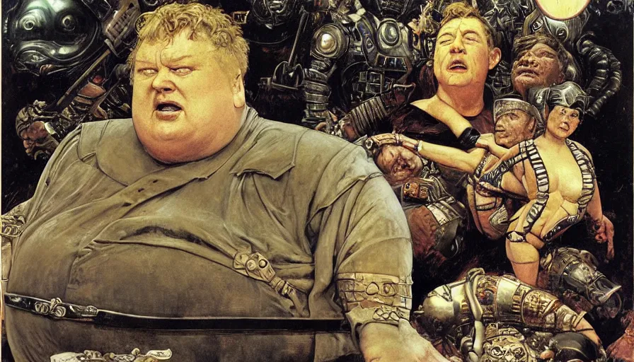 Image similar to movie scene of baron vladimir harkonnen in dune, by lawrence alma tadema and rick berry and norman rockwell and greg staples and jack kirby, directed by david lynch