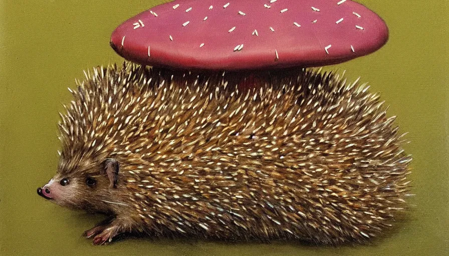 Image similar to painting by borremans, hedgehog with purple needles hides under fly agaric from the rain, detailed, stunning