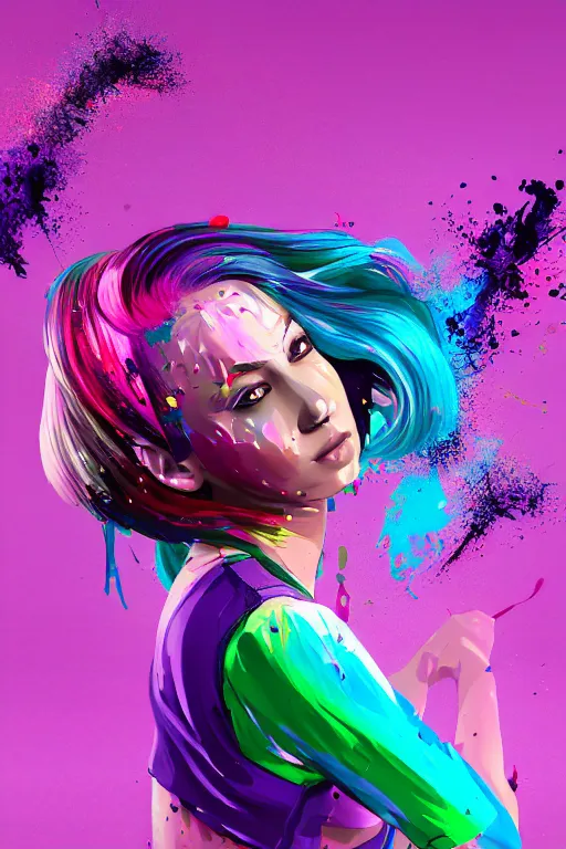 Image similar to a award winning half body porttrait of a beautiful woman in a croptop and cargo pants with ombre purple pink teal hairstyle with head in motion and hair flying, paint splashes, splatter, outrun, vaporware, shaded flat illustration, digital art, trending on artstation, highly detailed, fine detail, intricate