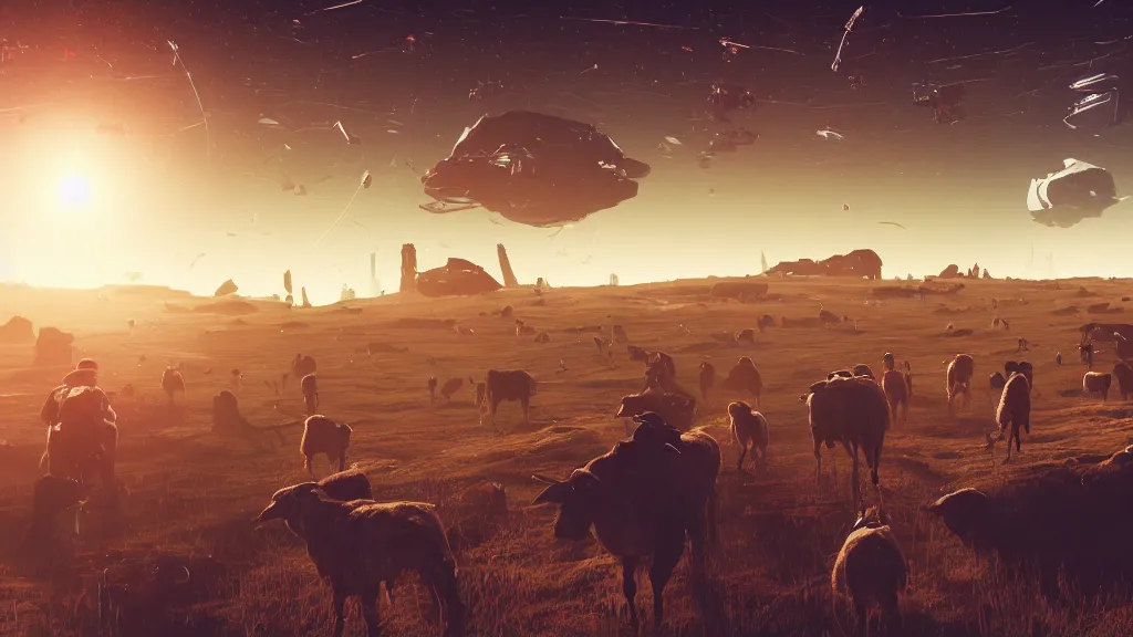 Prompt: Cyberpunk cowboys herding sheep in a No Man's Sky landscape