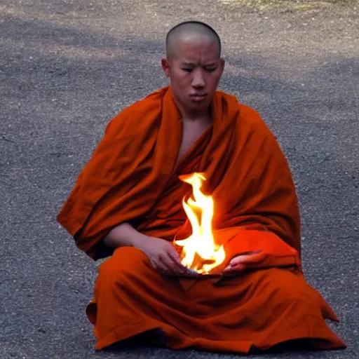 Prompt: a monk sitting while is burning and suffering