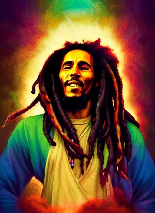 Image similar to portrait of bob marley with flowing dreadlocks, surrounded by spirit of jah rastafari. afrogoth intricate digital matte painting concept art, warpaint aesthetic, colorful, psychedelic, beautifully backlit, subtle tones, sharp focus, cinematic aesthetic octane render, volumetric lighting, by edmund leighton, james jean, ross tran and artgerm