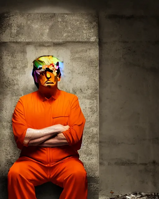 Prompt: a head and shoulders portrait of Donald trump behind bars, wearing a orange jumpsuit, sitting on a toilet in a filthy rat infested concrete jail In a maximum security prison, dimly lit, volumetric lighting, arney freytag, craig mullins and Annie Leibowitz, octane, 8k,