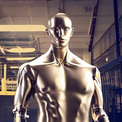 Image similar to a realistic detailed photo of a guy who is an attractive humanoid who is half robot and half humanoid, who is a male android, attractive and handsome soccer players, shiny skin, posing like a statue, blank stare, in a factory, on display, showing off his muscles, gold soccer shorts, side view, looking at each other mindlessly