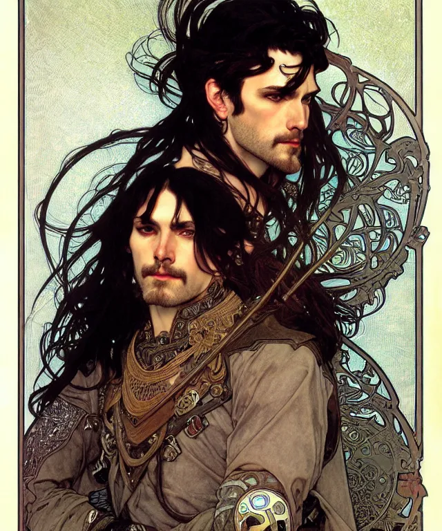 Prompt: realistic detailed face portrait of a rugged handsome king with black hair and black leather armor by alphonse mucha, ayami kojima, amano, greg hildebrandt, and mark brooks, male, masculine, art nouveau, neo - gothic, gothic, character concept design