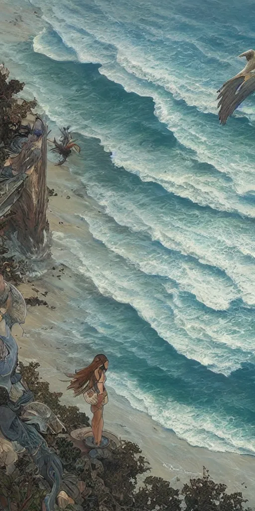 Prompt: bird view seashore and bay, epic lighting, sketch illustration, ultra detailed, art by artgerm and greg rutkowski and alphonse mucha