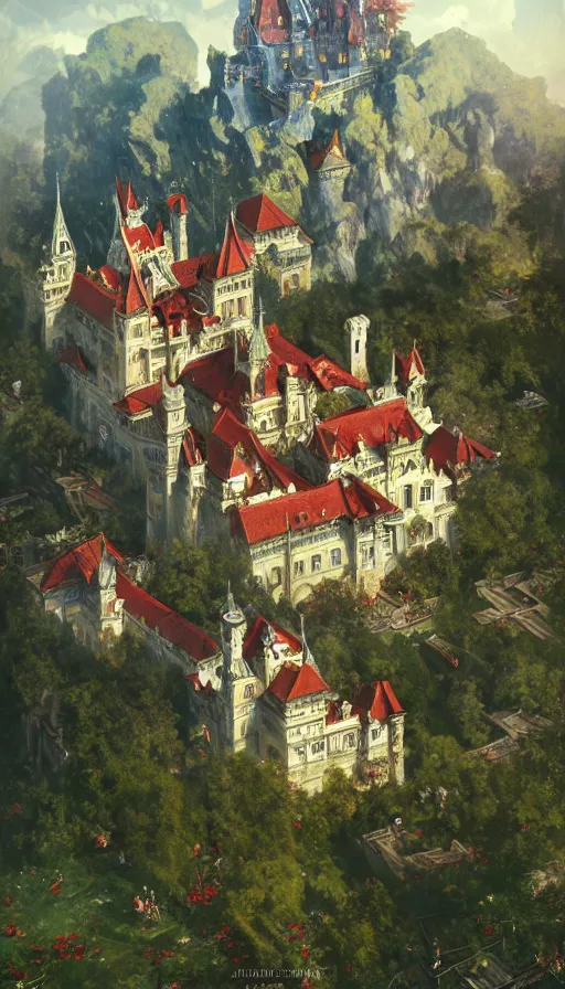 Image similar to castle seen from the sky being attacked by huge red army, cyberpunk, design on white background, beautiful details, lush foliage, drawn by john singer sargent, tom bagshaw, norman rockwell, alphonso mucha, lolish, trending on artstation