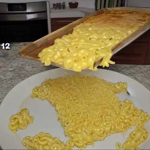 Image similar to On the flat earth, the oceans are prevented from falling off the edge by a giant wall made of macaroni and cheese. Photograph.