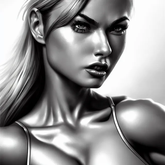 Prompt: muscle girl, chrome, highly detailed, 4 k, hdr, smooth, sharp focus, high resolution, award - winning photo, artgerm, photorealistic