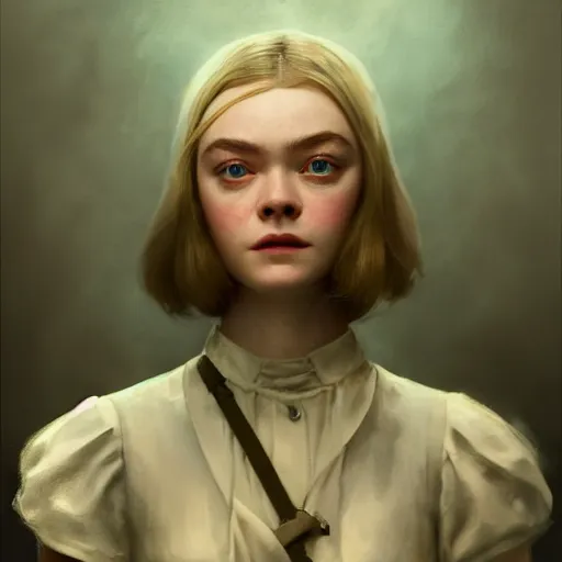 Image similar to ultra realistic medium shot head and shoulders masterpiece matte portrait painting of elle fanning in dishonored, cosmic horror, artstation, art by frank frazetta and sachin teng, 4 k, ultra realistic, highly detailed, epic lighting