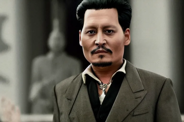 Image similar to Johnny Depp as Mao Zedong in 'China!' (2024), movie still frame, promotional image, imax 70 mm footage, oscar nominated cinematography, volumetric lighting, 8k resolution