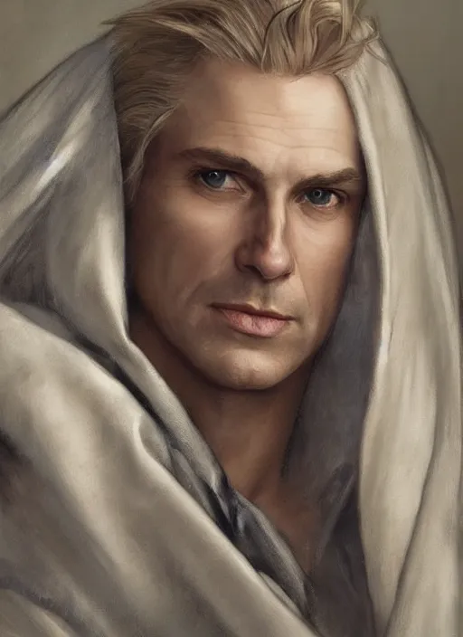 Image similar to a man aged 4 0 with blonde hair and hazel eyes and a friendly expression. he is clean shaven and wearing a grey cloak. head and shoulders portrait painting by artgerm and greg rutkowski and alphonse mucha.