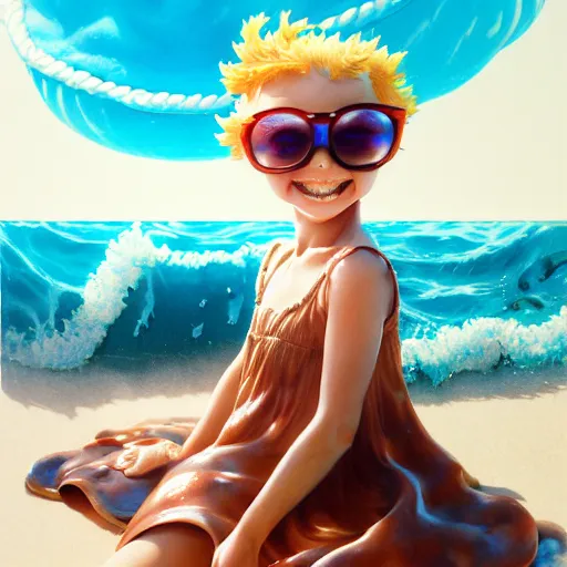 Image similar to Extremely Detailed and Full Portrait scene of Gooey Ocean scene in ink and refined sand, Wendy Thomas Wendys Mascot Girl with shades on face. wearing a sundress full body smiling by Akihito Yoshitomi AND Yoji Shinkawa AND Greg Rutkowski, Mark Arian trending on artstation