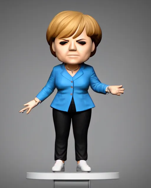 Image similar to full body 3d render of angela merkel as a funko pop, studio lighting, white background, blender, trending on artstation, 8k, highly detailed