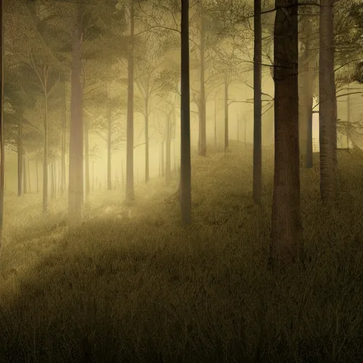 Prompt: 4 5, forest landscape, by simon stahleberg, illustration, sepia, volumetric light, global illumination, lumen global illumination