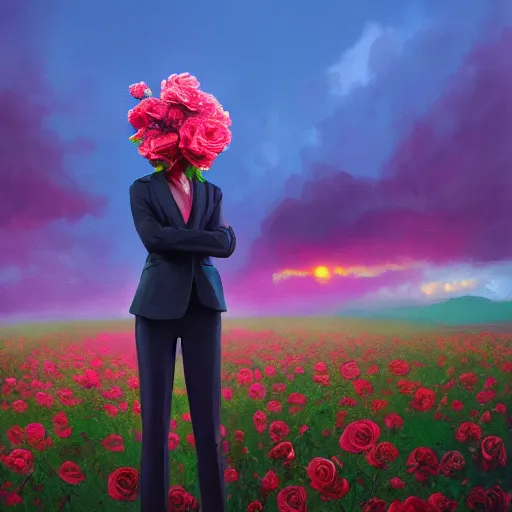 Prompt: closeup, large rose flower head, frontal, girl in a suit, surreal photography, sunrise, blue sky, dramatic light, impressionist painting, digital painting, artstation, simon stalenhag
