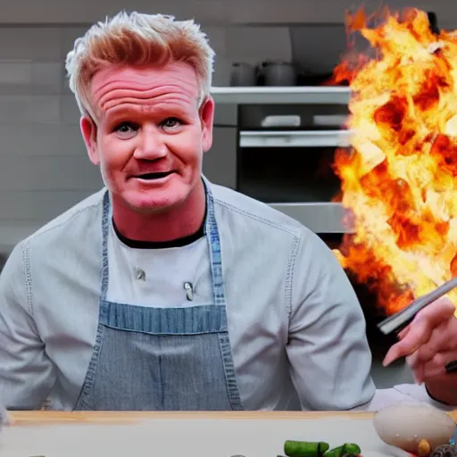 Image similar to hyper real Gordon Ramsey cooking a unicorn in kitchen 4k