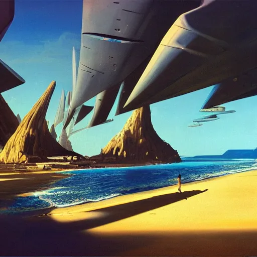 Prompt: beautiful matte painting of golden shores of a blue dreamy ocean, sci - fi, daylight, blue sky, cinematic lighting, cinematic perspective, syd mead, john harris, federico pelat