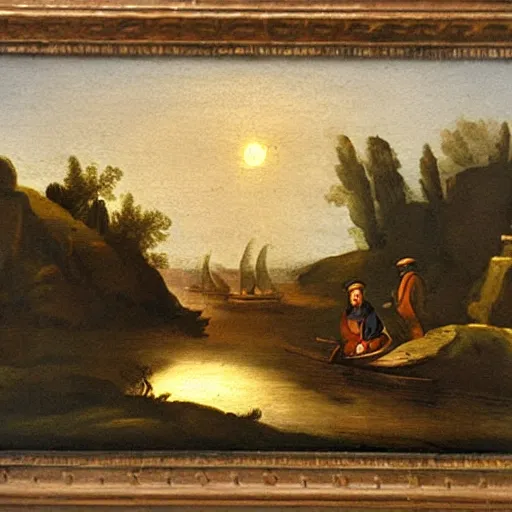 Image similar to colonial soldier crossing river boat landscape waves winter moonlight color oil painting in the style or raphael