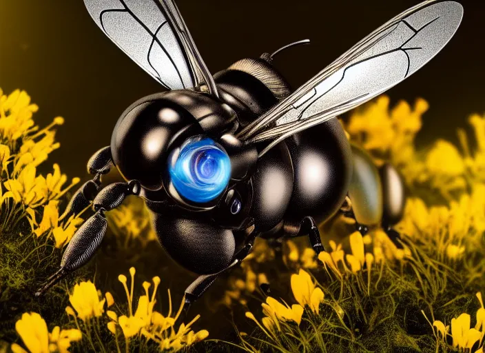 Image similar to super macro of a mechanical robotic cyborg bee drinking from a flower in the forest. fantasy magic style. highly detailed 8 k. intricate. nikon d 8 5 0 3 0 0 mm. award winning photography.