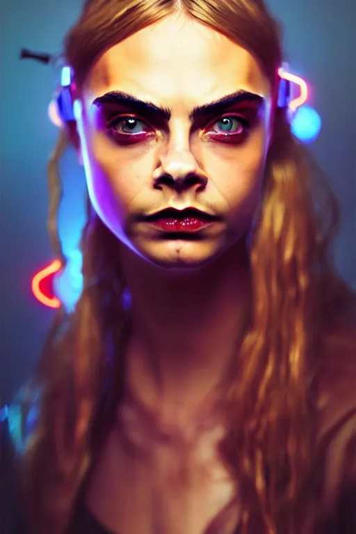 Prompt: a portrait of cara delevingne as frog makeup, cyberpunk, fantasy, neon lights, sharp focus, intricate, elegant, digital painting, artstation, matte, highly detailed, concept art, illustration, ambient lighting, art by ruan jia and artgerm and range murata and wlop and ross tran and william, adolphe bouguereau and beeple