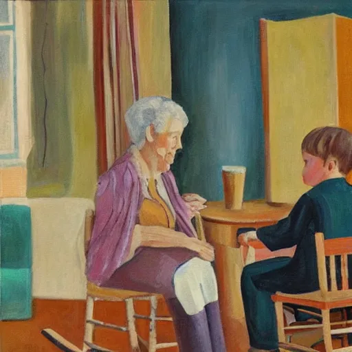 Prompt: painting in the zandinsky style of a grandmother sitting in a rocking chair, surrounded by her grandchildren, while she tells them a story