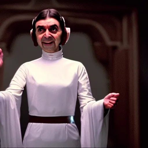 Prompt: mr. bean as princess leia from star wars. movie still. cinematic lighting.