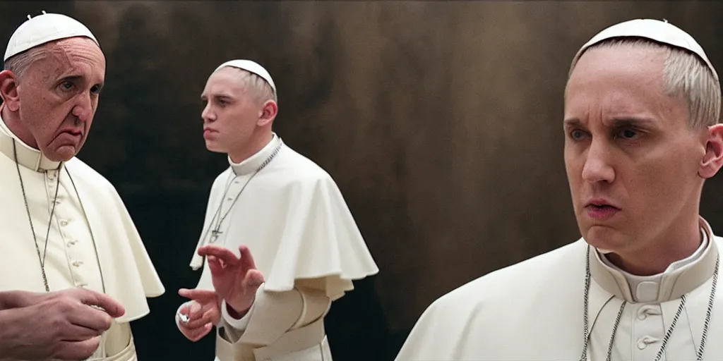 Prompt: film frame of the pope and eminem doing a rap freestyle 4 k quality rule of thirds eminem's face detail cinematic color grading by christopher nolan. two only main characters.