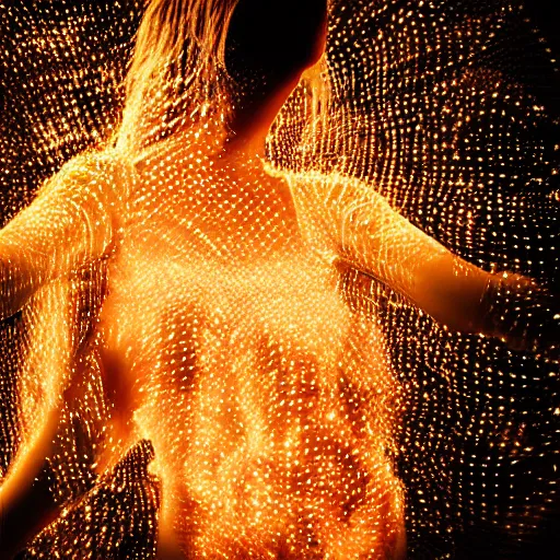 Prompt: abstract glowing mesh particles in the silhouette of a woman